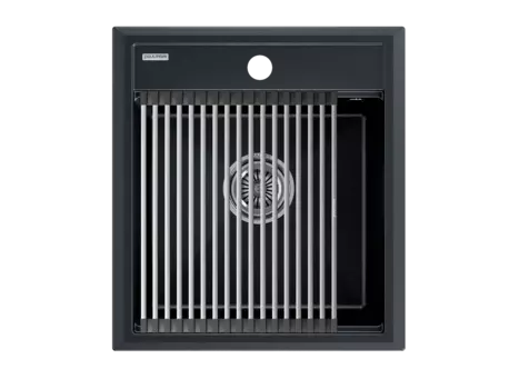 Кухонная мойка Paulmark STEPIA 45 + STEP PM114651-BLM+R375-BS черный металлик + Ролл-мат STEP