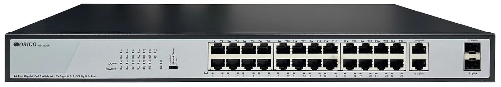 Коммутатор неуправляемый ORIGO OS2228P/370W/B1A PoE, 26x1000Base-T (24x1000Base-T PoE), 2xCombo 1000Base-T/SFP, PoE-бюджет 370 Вт, PoE до 250 м, 19"