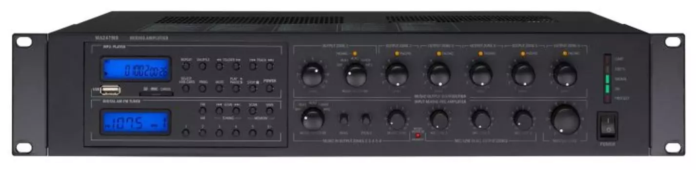 Усилитель BIAMP MA247MR 6-зонный, микширующий, со встроенным плеером. 240Вт (4Ом/100В). 120Вт/8Ом.Вх.:4xEuroblock(3-pin); 3хRCA.1хприоритетный("сухие