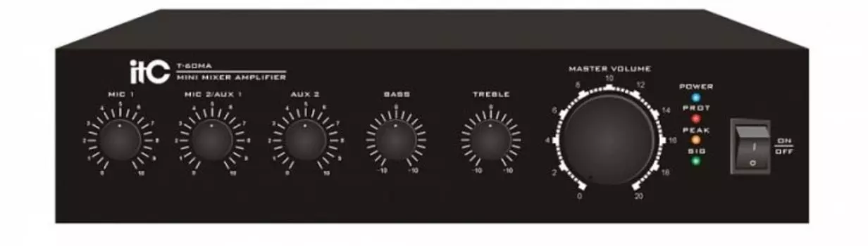 Усилитель ITC T-120MA 120W (4-16Ом/100V) миниатюрный цифровой микширующий, 2*Mic, 2*Aux входа, селектор Mic2/Aux1