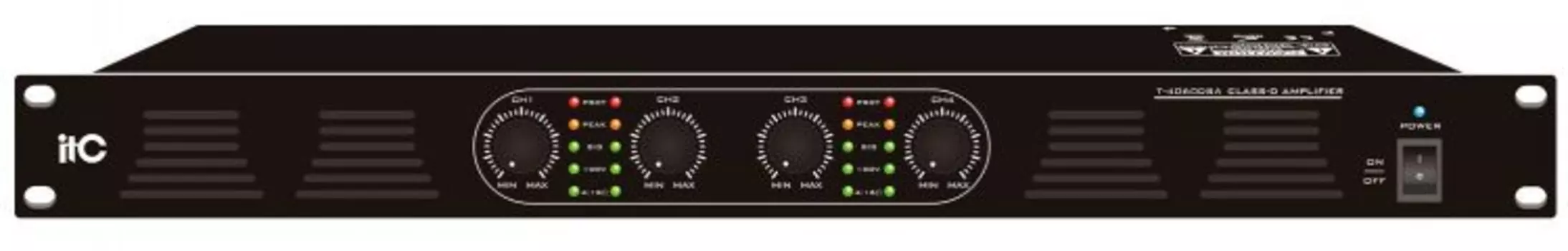 Усилитель ITC T-4120DSA четырехканальный усилитель. Class-D, 4x120W, 100V/4Ohm,1U высота, управление громкостью на передней панели.