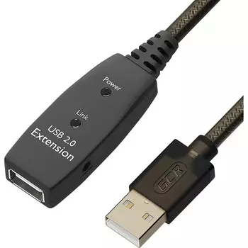 Удлинитель USB 2.0 Greenconnect GCR-53793 активный 3.0m, AM/AF, GOLD, черно-прозрачный, с усилителем сигнала, разъём для доп.питания, 28/24 AWG