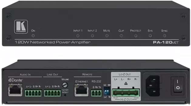 Усилитель Kramer PA-120Net 13-80527030 мощности интерфейса Dante 120 Вт 70/100В; 2х60 Вт 4/8 Ом с микшером и дистанционным управлением