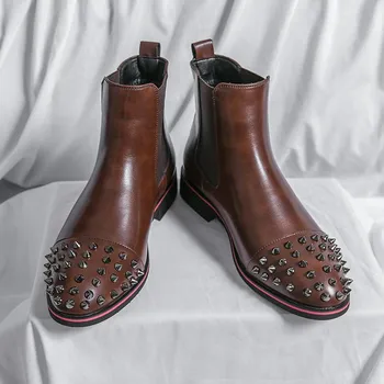 FashionNew Роскошные мужские ботильоны из натуральной кожи, высококачественные модные заклепки с острым носком, свадебные офисные базовые ботинки для мужчин 38 чёрный