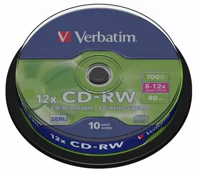 Диск CD-RW Verbatim 700Mb 12x (cake box 10шт) (43480)