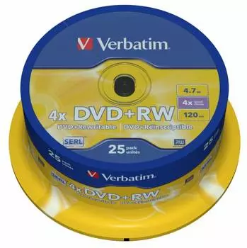 Диск DVD+RW Verbatim 4.7Gb 4x (cake box 25шт) (43489)