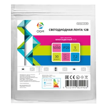лента светодиодная OGM 12В 36Вт 5050 30д/м IP20 5м RGB