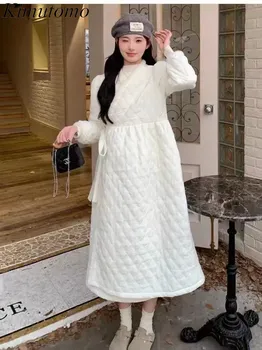 Kimutomo плиссированное стеганое пальто с ромбовидной сеткой, свободное белое платье на шнуровке нестандартного дизайна, французские пышные платья миди с длинными рукавами