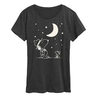 Женская футболка с рисунком Peanuts Snoopy & Woodstock Star Gazing Licensed Character, цвет Heather Charcoal