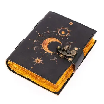 Винтажный кожаный журнал Sun Moon Design с замком, антикварная бумага с краями 5 x 7 in чёрный