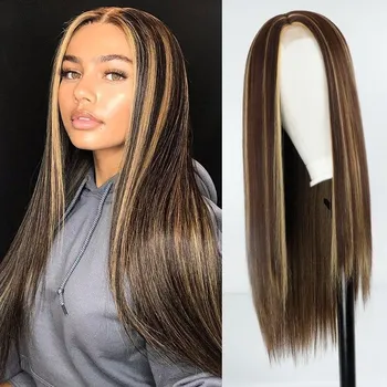 MERISIHAIR Длинный прямой черный, красный, коричневый парик Синтетические парики для женщин Натуральный кружевной парик со средней частью Термостойкое волокно Натуральный парик