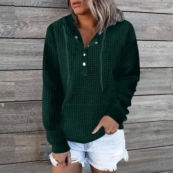 Ladies Casual And Fashionable Solid Color Waffle Hoodie Quarter Zip Hoodie Top, Spring/Autumn Long Sleeved Jacket With Pocket S