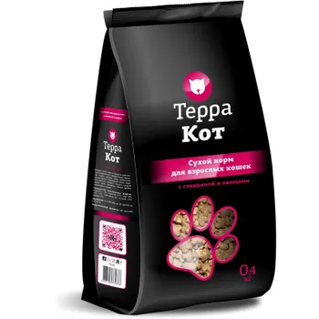 Терра Кот сухой корм для кошек, с говядиной и овощами - 400 г повседневный эконом низкозерновые для взрослых с говядиной для всех пород мешок Российский корм 1 уп. х 1 шт. х 0.4 кг