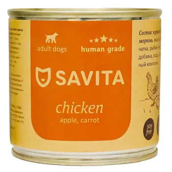 Savita влажный корм для взрослых собак всех пород с курицей, яблоком и морковью, в консервах - 240 г x 24 шт повседневный холистик холистики для всех возрастов с курицей для всех пород консервы (в железной банке) Российский корм 1 уп. х 24 шт. х 5.76 кг
