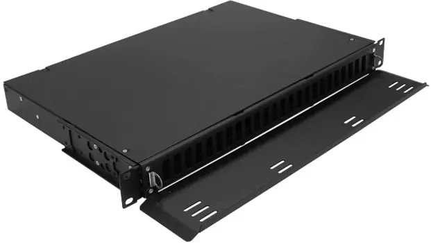 Кросс оптический стоечный 19" выдвижной 1U TELCORD КС-П-24QLC-1U-BK-24SC/SM-d-48SC/U-SM-3КВ в сборе: розетка SC/SM-duplex - 24шт., пигтейл SC/UPC - 48