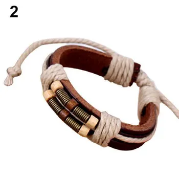 Men s Women s Punk Style Bangle Bronze Spring Wood Beads Weave Leather Bracelet ARI чёрный