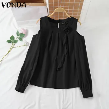 VONDA Women Cold Shoulder Long Sleeve Floral Design Patchwork Casual Blouse S красный