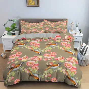 Цветочный пододеяльник King Size с розовыми цветами и зелеными листьями, пододеяльник для девочки-подростка, микрофибра, цветочный мотив, пододеяльник EU single(135x200cm)