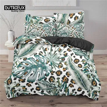 Leopard Print Duvet Cover Feather Tropical Leaves Flowers Bedding Set Queen Microfiber Floral Print Quilt Cover With Pillowcases EU single(135x200cm)
