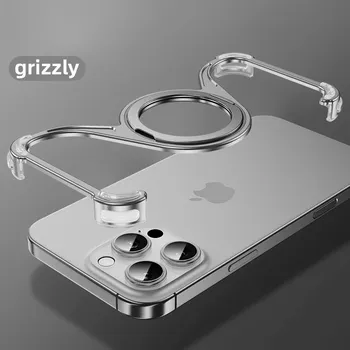 Магнитный металлический чехол для телефона iPhone 13 14 15 16 Pro Max с подставкой W-образной формы, держатель из алюминиевого сплава, безрамная охлаждающая оболочка iPhone 13 чёрный