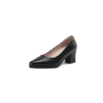Genuine leather cheongsam catwalk thick heel with black first layer cowhide mother shoes medium heel shallow mouth professional work women s shoes 34