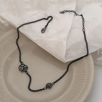 Корейские ожерелья с камелиями, готические черные розы, короткие ожерелья, цепочки на шею, чокеры