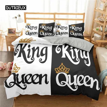 Комплект постельного белья King and Queen из микрофибры с изображением бороды и красных губ King Size для пары Романтические подарки на День святого Валентина US Queen(228x228cm)