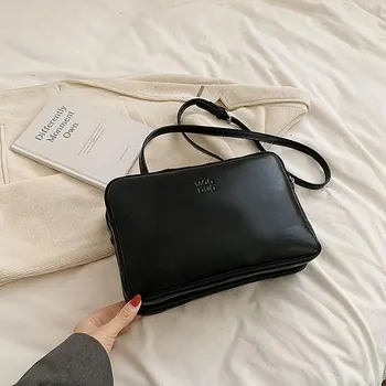 Large Capacity Korean Soft Leather Crossbody Bag Letter High-End Small Square Bag Women Retro Casual Commuter Messenger Bag (20cm<Max Length<30cm)