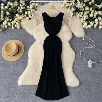 Foamlina Pure Color Knitting Dress для женщин Элегантный V-образный вырез без рукавов Летняя мода Тонкий вырез вечернее длинное платье One Size абрикосовый