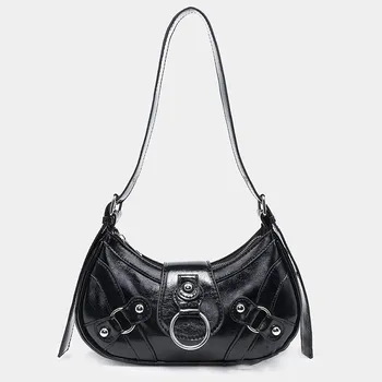 Retro Fashion Locomotive Bag Punk style Red Shoulder Bag Oil Wax Leather Design Sense Pop Spice Girls Maillard Commuter Bag (20cm<Max Length<30cm)