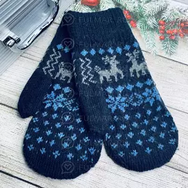 Варежки шерстяные вязаные Новогодние Олени синие