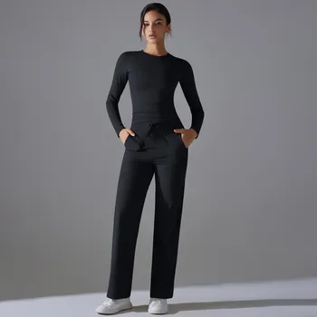 Nessaj Yoga Спортивная одежда с карманами Женские спортивные костюмы Широкие брюки с длинным рукавом Рубашки Спортивный костюм S серый/серебряный