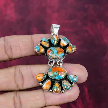 Orange Spiny Oyster Handmade Gemstone Pendant, 925 Solid Sterling Silver Pendant, For Thanksgiving 2.44 Inches