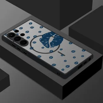 Матовый прозрачный магнитный чехол с рисунком губ для Samsung S25 Ultra S24 FE S23 Plus S22 S21 с беспроводной зарядкой, противоударный защитный чехол для телефона Samsung S25 синий белл