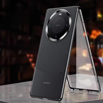 Металлический чехол с магнитным стеклом для Huawei Mate 60 Pro Plus, полная защита на 360°, защитная задняя крышка Mate 60 Mate60Pro + кожаный чехол Mate 60 фиолетовый