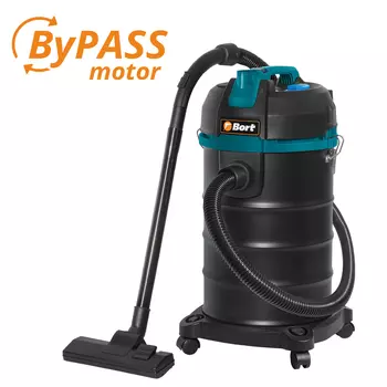 Строительный пылесос Bort BSS-1530 BLACK, сетевой, 1.5 кВт, сухая, влажная уборка, объем пылесборника 30 л, контейнер, диаметр шланга 3.2 см, длина шланга 2 м, встроенная розетка, 6.7 кг (93412628)