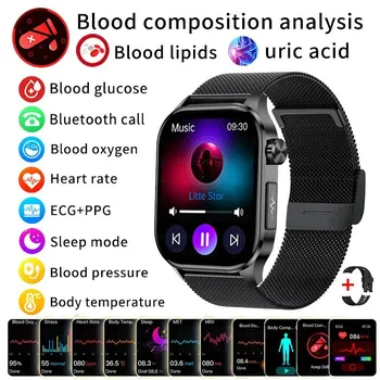 Умные часы ECG+PPG с функцией звонков по BT, push-уведомлениями, физическим обследованием, монитором здоровья, артериального давления, мочевой кислоты, кислорода в крови, спортивные умные часы Black Silicone