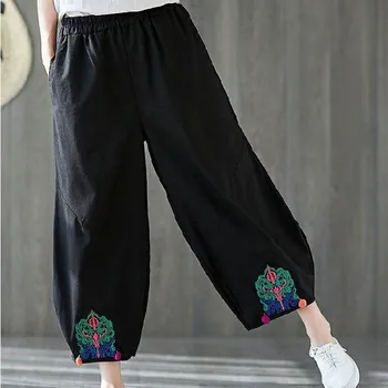 Women s Summer Literary Retro Lantern Pants Casual Comfortable Nine-minute Pants 4XL чёрный
