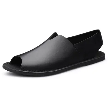 FashionGenuine Leather Mens Summer Shoes Breathable Cowhide Sandals for Men Handmade Beach Sandals Lightweight Outdoor Hollow Out Flats 38 чёрный