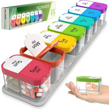 Очень большой еженедельный органайзер для таблеток - XL Daily Pill Box - 7 Day AM PM Pill Box Гигантский контейнер для таблеток на замену Большой контейнер для таблеток (Цвета радуги)
