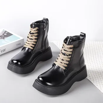 Женские зимние ботинки из кожи Martern Boot Soft Fur Boots Boots Boots Shorty Platform Boots Round Toe Lady Boots Warm Plush Shoes 35 хаки