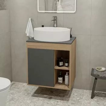 Тумба с раковиной Teymi Nura 60 дуб эврика, матовый графит, раковина Lori 50