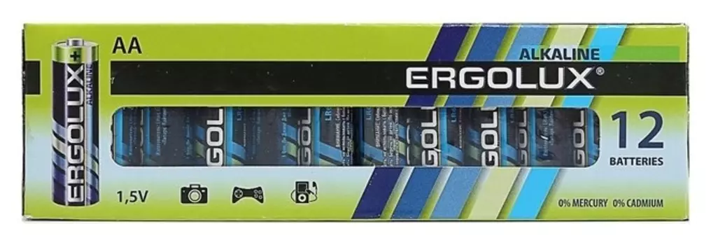 Батарейка алкалиновая Ergolux, AA, Lr6-12box (LR6 Bp-12), 1.5в, набор 12 шт.