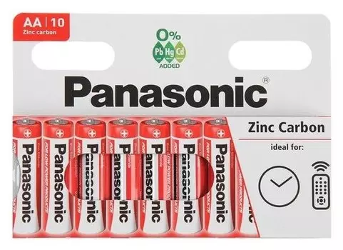 Батарейка солевая Panasonic Zinc Carbon, AA, R6-10bl, 1.5в, блистер, 10 шт.