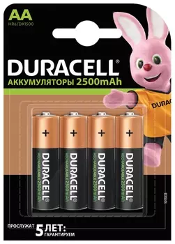Батарейки аккумуляторные DURACELL, АА (HR06), Ni-Mh, 2500 mAh, комплект 4 шт., в блистере