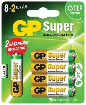 Батарейки комплект 10 шт. (Промо 8+2), GP Super, AA (lr06,15а), алкалиновые, пальчиковые, блистер, 15a8/2-cr10