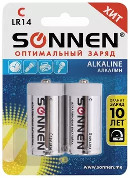 Батарейки комплект 2 шт., Sonnen Alkaline, С (Lr14, 14а), алкалиновые, блистер, 451090