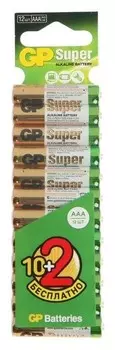 Батарейка алкалиновая GP Super, Aaa, Lr03-12bl, 1.5в, блистер, 10+2 шт.