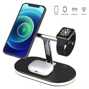 Беспроводная зарядная станция 3 в 1 Lcc-83, 15 Вт, Magsafe, с подставкой, подсветка, черная