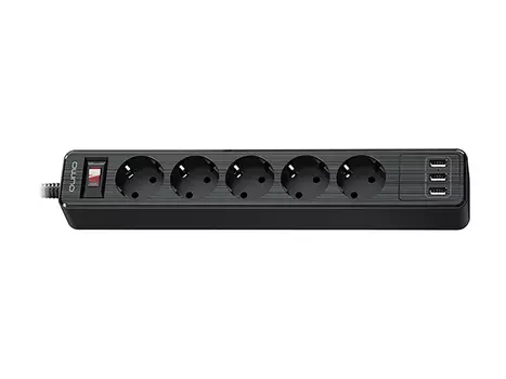 Сетевой фильтр QUMO Power Bar 5SP4U (P-0005), 5 розеток, 3xUSB, 2500 Вт, 10А, 2м Черный 42090